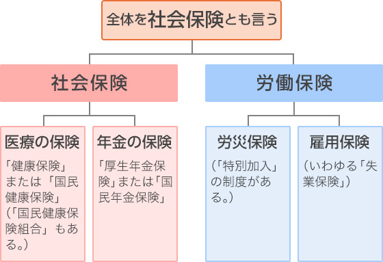 社会保険（医療の保険：「健康の保険」または「国民健康保険」（国民健康保険組合）もある。/年金の保険：「厚生年金保険」または「国民年金保険」）、労働保険（労災保険：「特別加入」の制度がある。/雇用保険：いわゆる「失業保険」）、その全体を社会保険とも言う